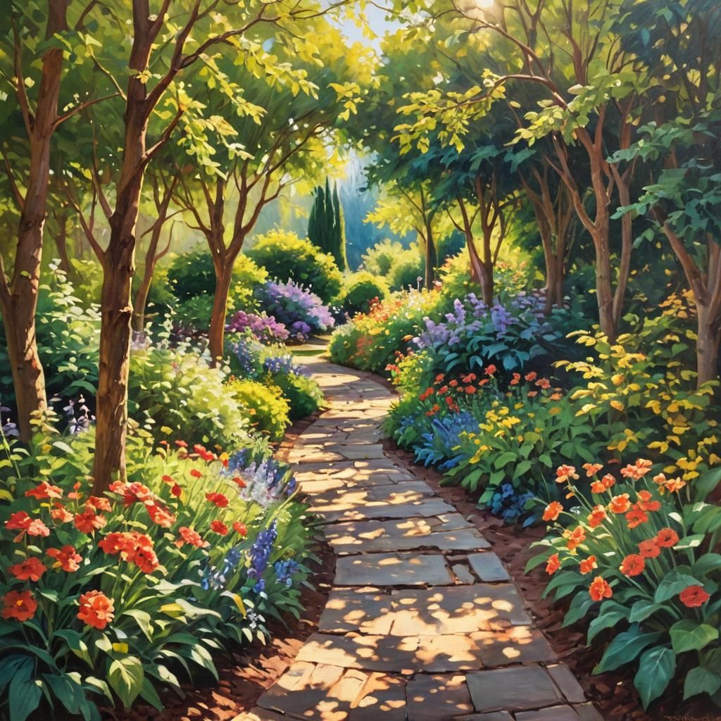 Sunlit Garden Path in Impressionist Oil Style