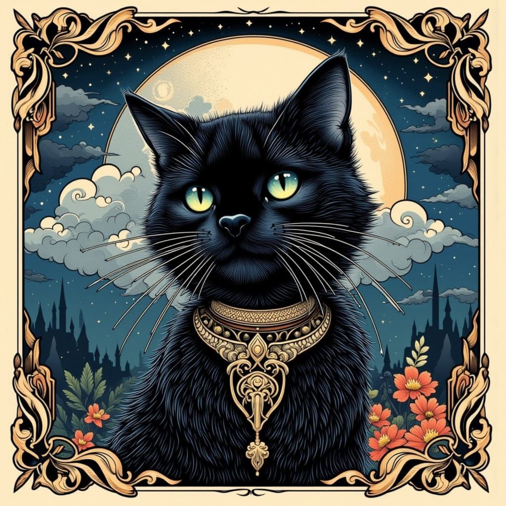 Mystical Black Cat in Neo-Traditional Tattoo Style