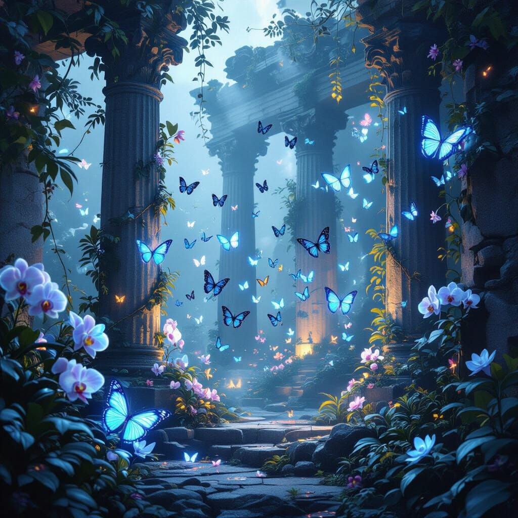Butterflies Swarm Ancient Greek Temple in Photorealistic Sty...