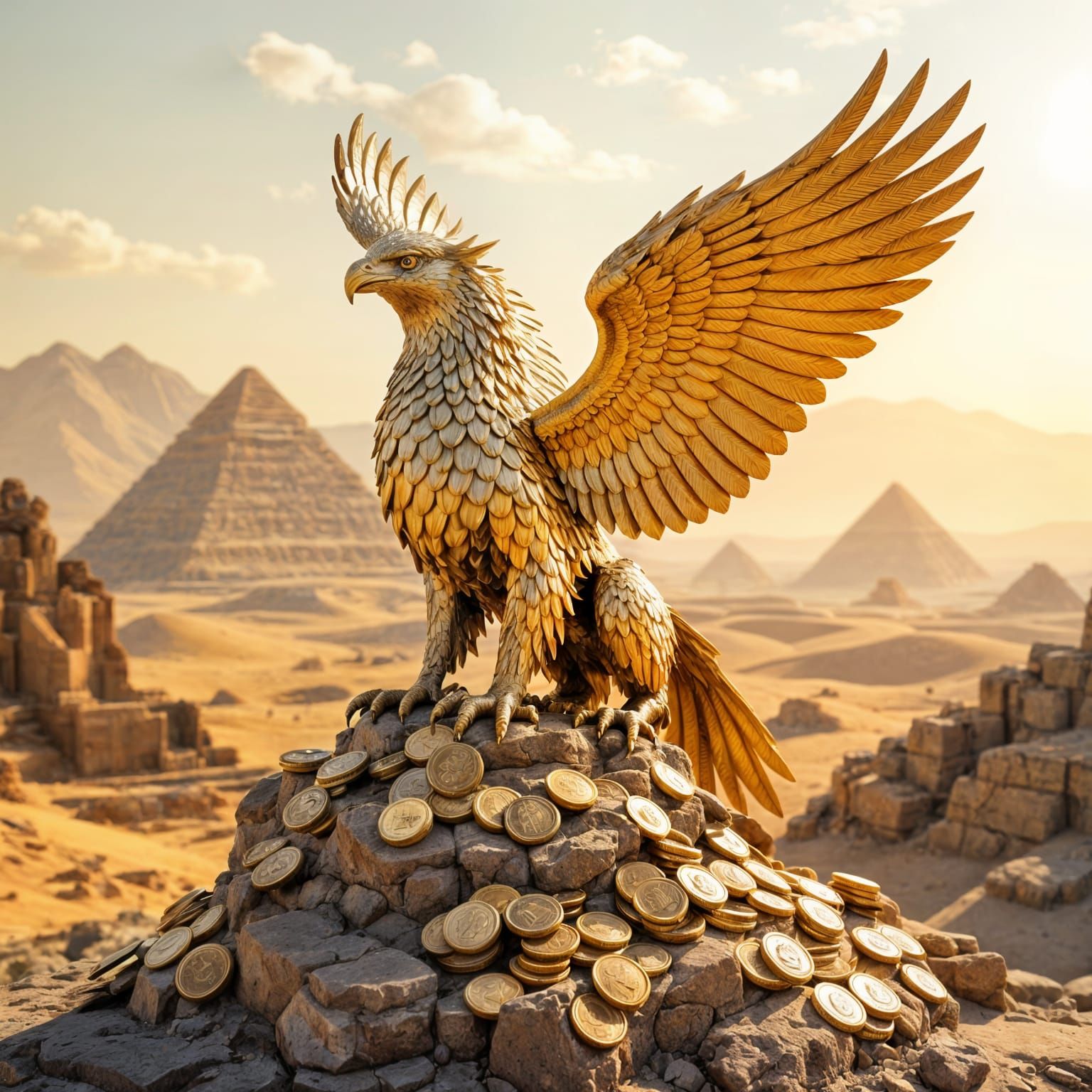 Gold Coin Griffin on Ancient Ruin in Desert Sunlight