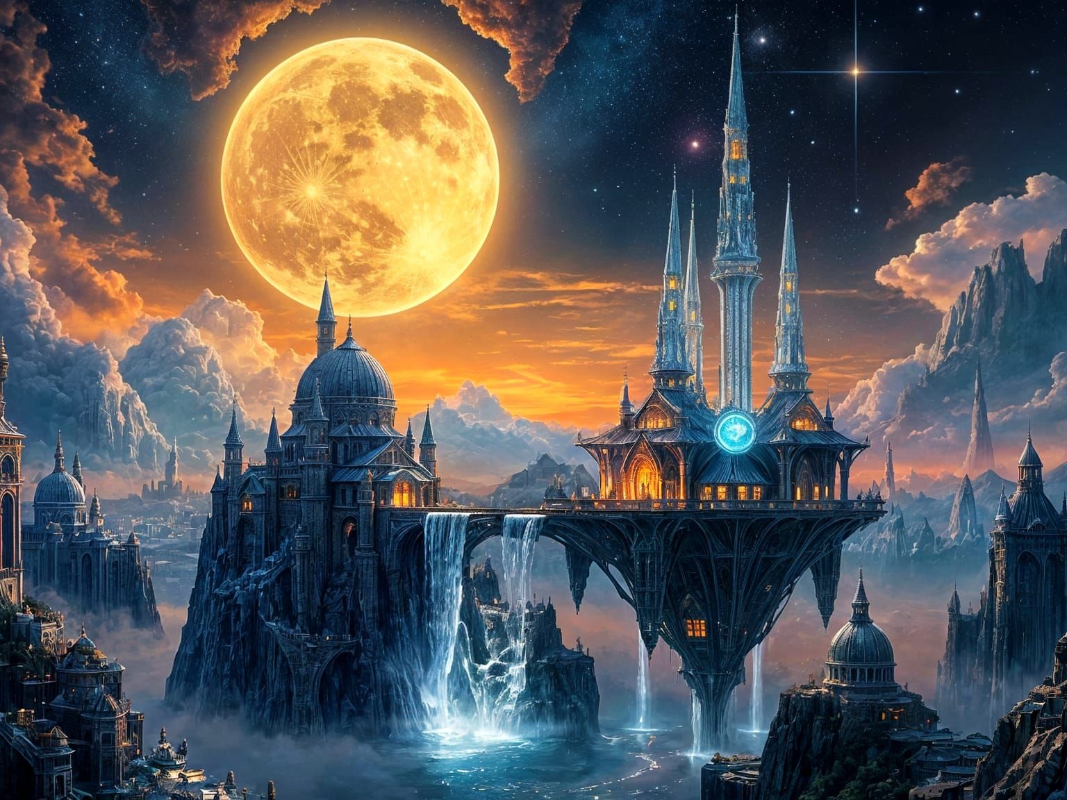 Floating Prismatic Waterfall City in Starry Sky