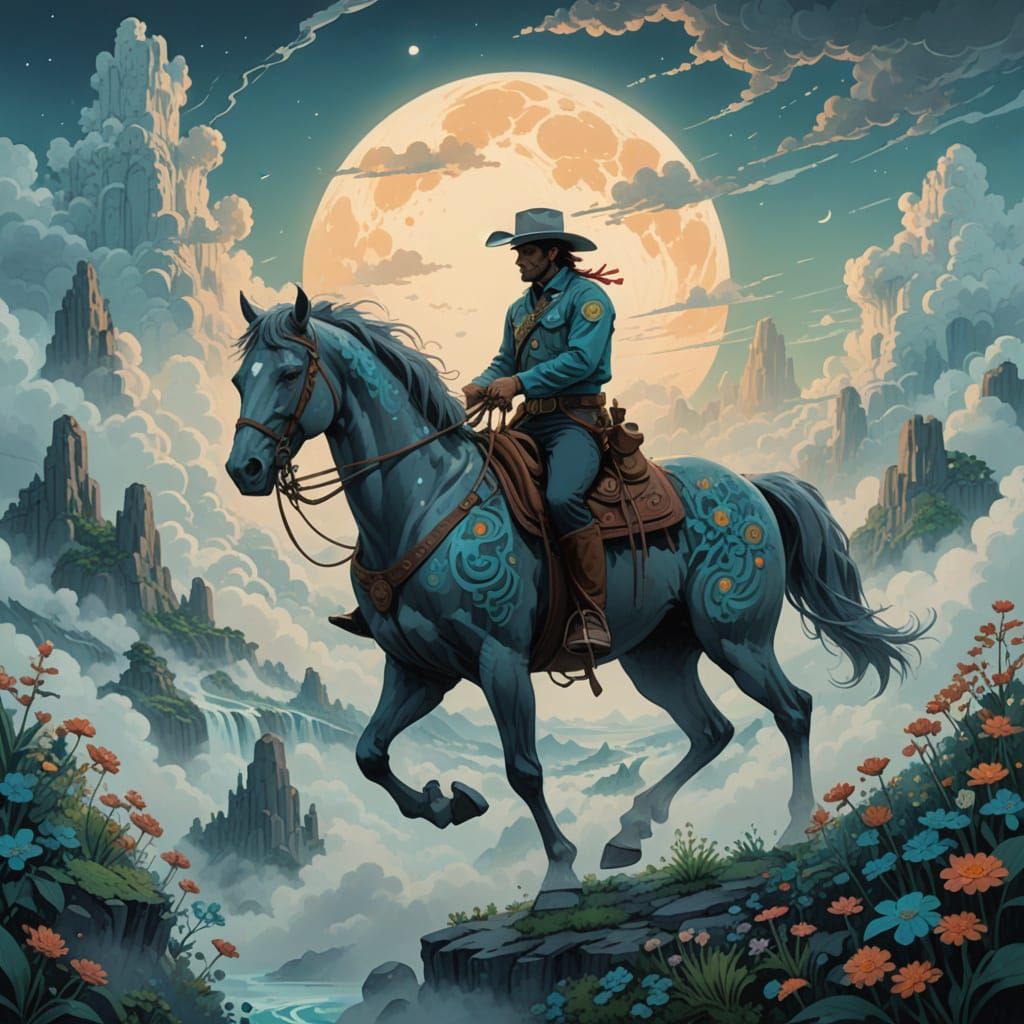 Cowboy Rides Colossal Horse Amid Bioluminescent Flora