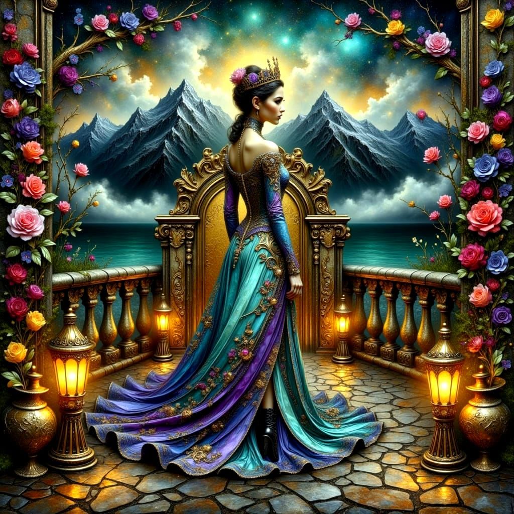 Enchanting Rebel Queen in Tim Burton-Inspired Cosmic Illustr...