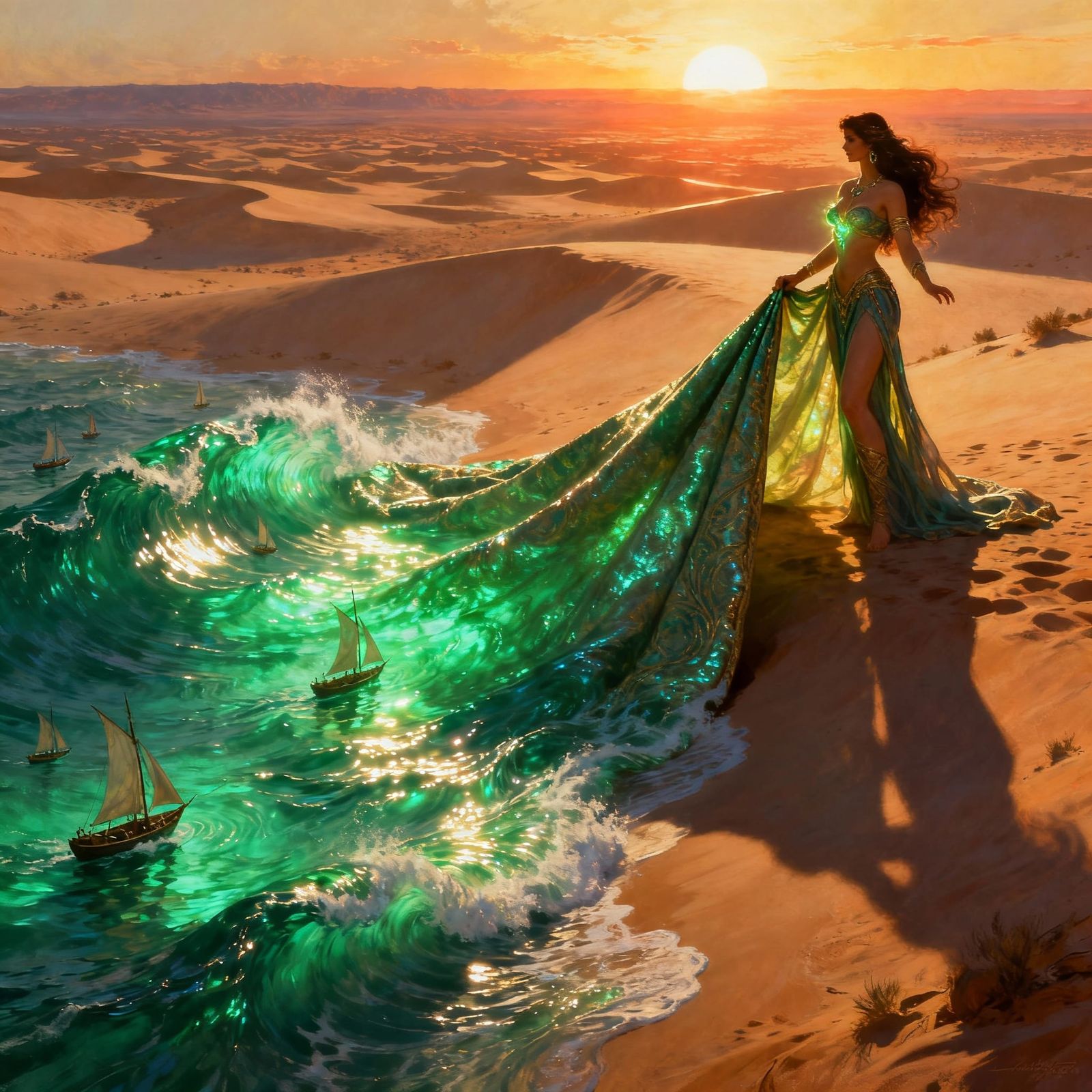 Sorceress Conjures Emerald Sea Waves Over Desert Landscape