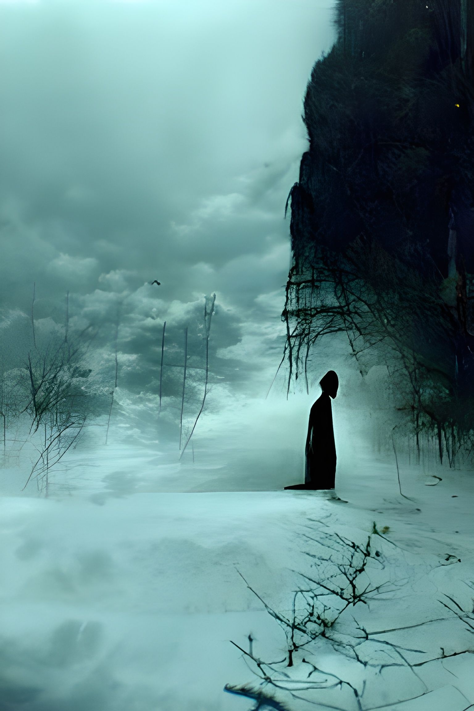 Solitary Figure at World's Edge in Deep Shadows