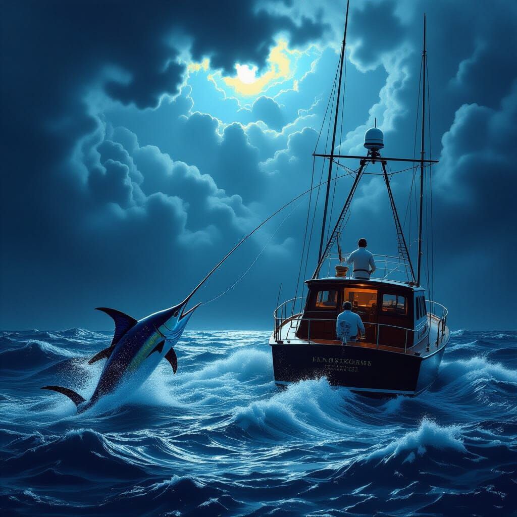 Fisherman Reels Marlin from Yacht in Dramatic Engraving Styl...