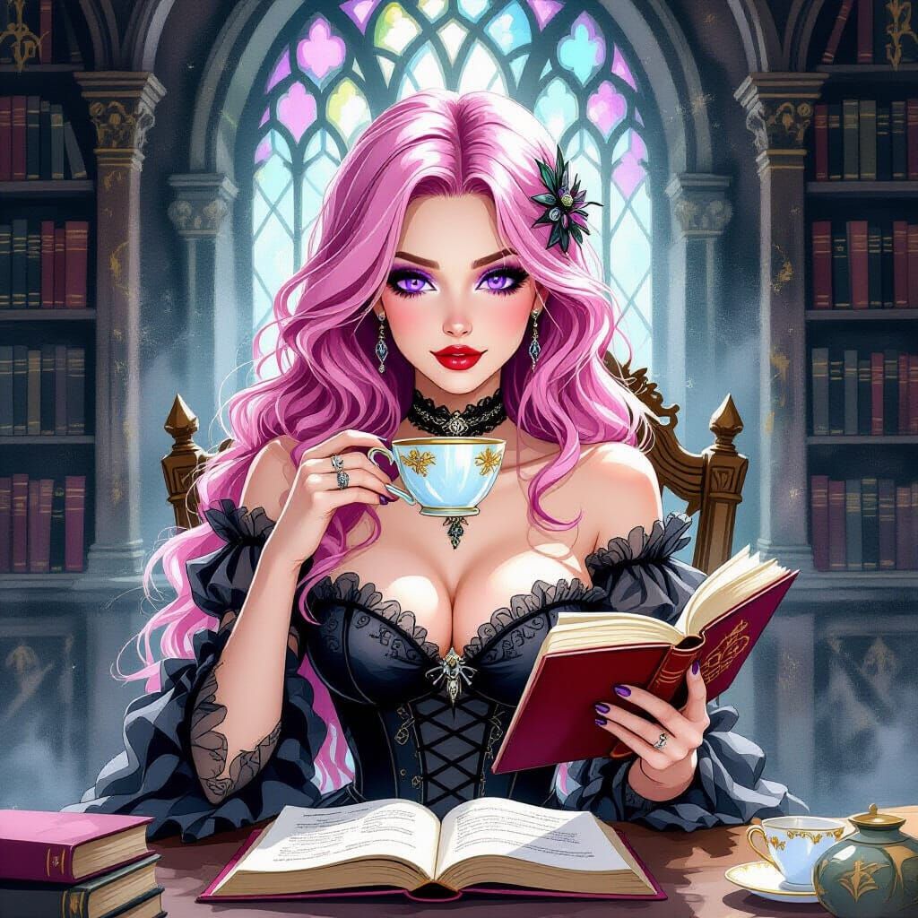 Pink-Haired Woman Reading in Gothic Library