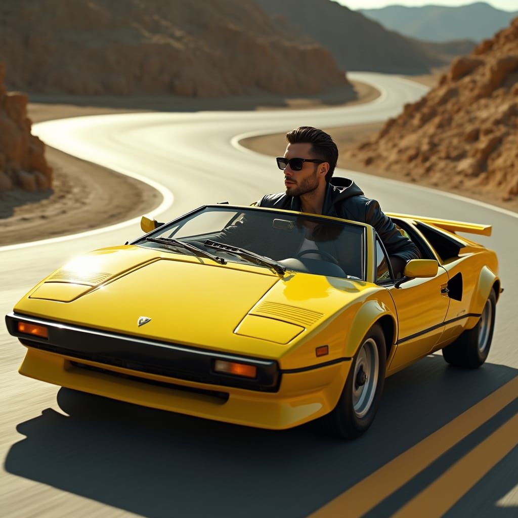 Yellow Lamborghini Speeds Down Futuristic Asphalt Road