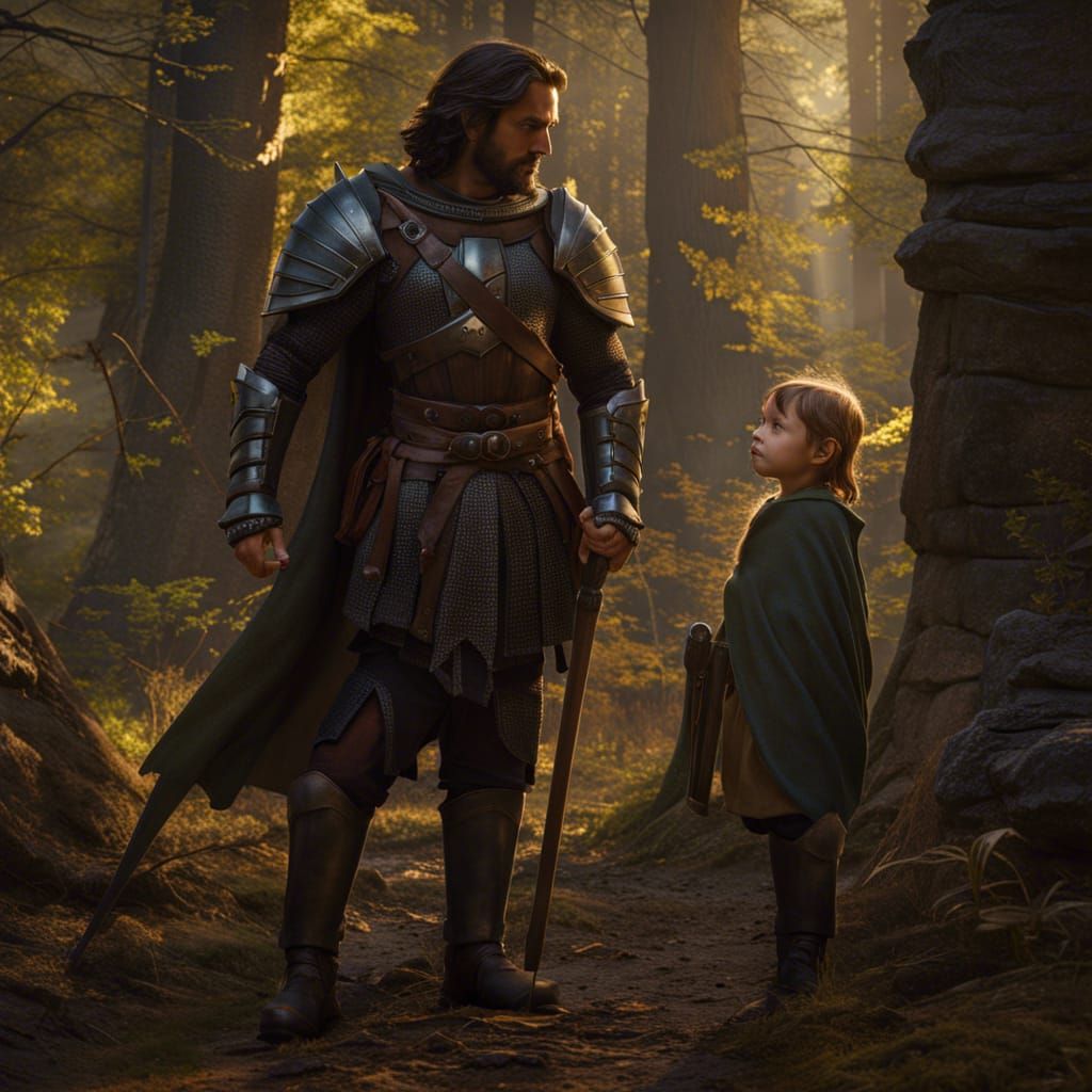 Medieval Knight and Boy in Dark Fantasy Forest
