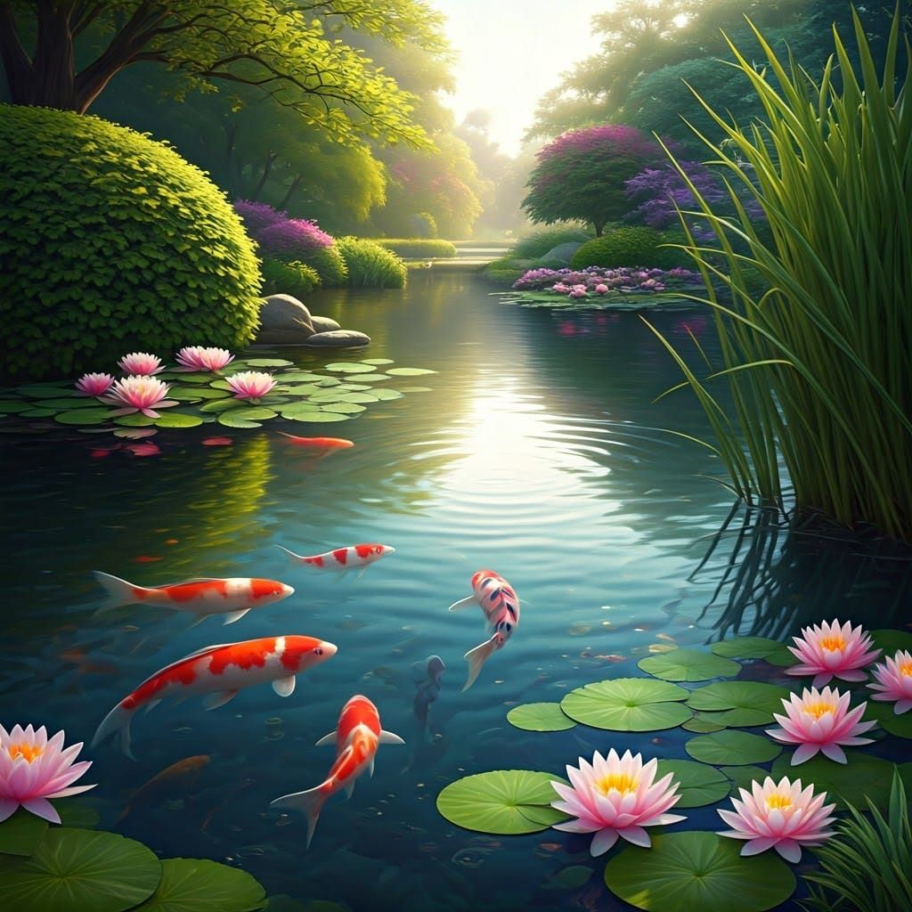 Koi Carp in City Pond: Dreamy Digital Art