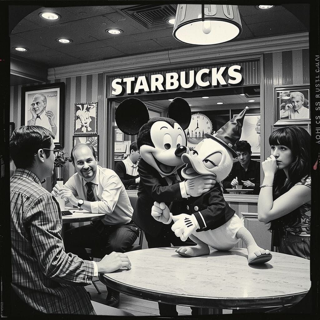 Mickey Mouse Attack in Starbucks: Surreal Polaroid