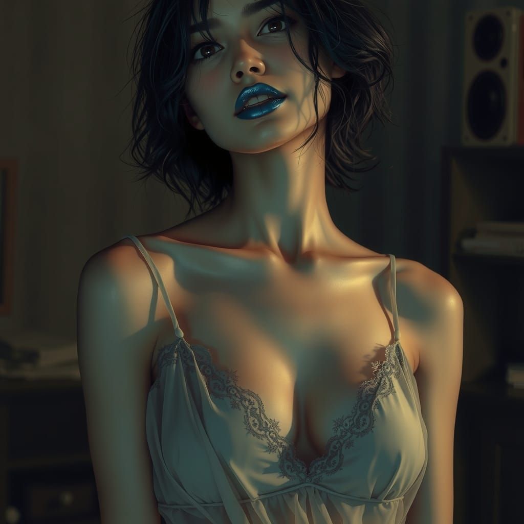 Sepia Portrait of Woman with Blue Lips and Hair