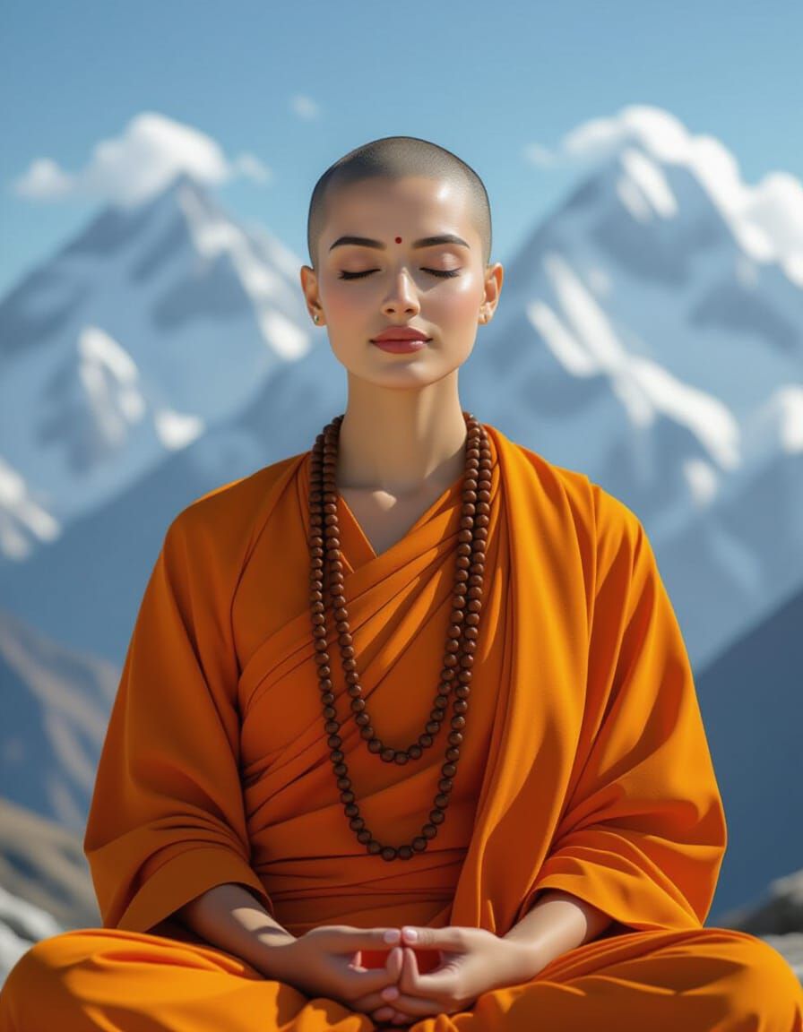 Meditative Woman Monk in Himalayan Landscape