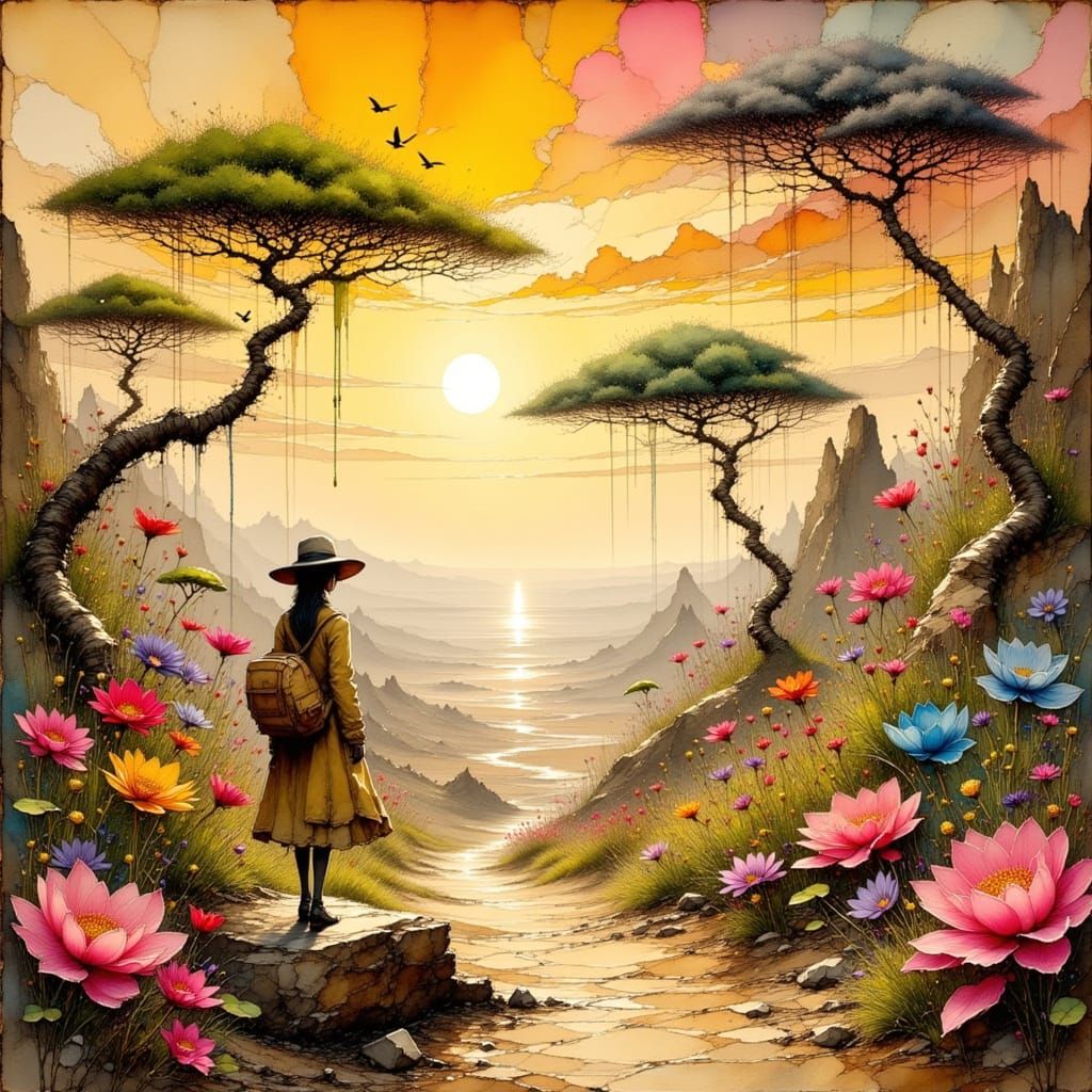 Sahara Crater Ecosystem with Bonsai and Dinosaurs