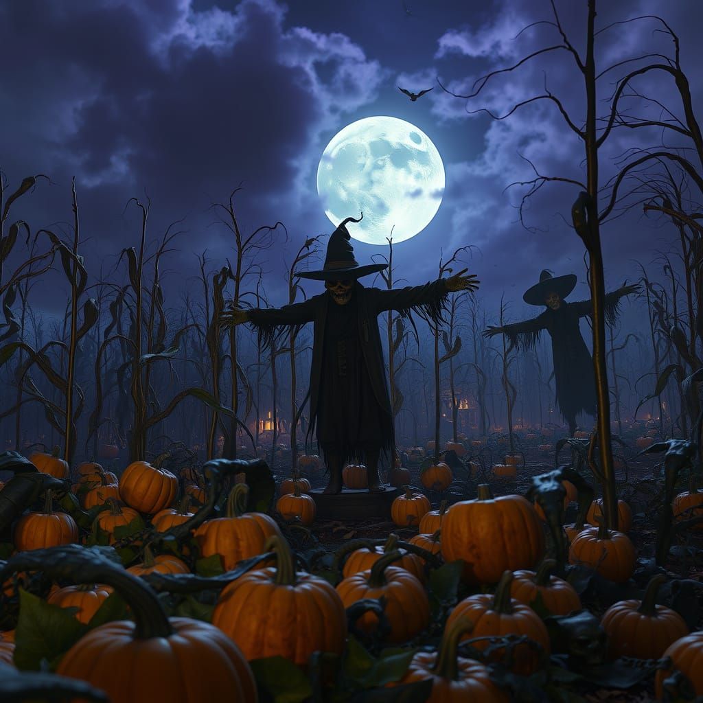 Dark Fantasy Halloween Scene with Haunted Corn Mazes