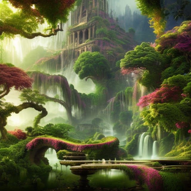 Lush Green Floating Garden with Waterfall