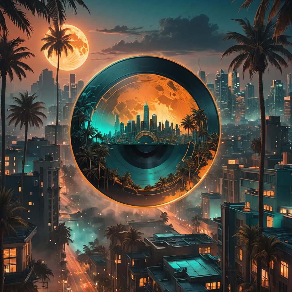 Vinyl Record Moon Over Misty Cityscape: Surreal Digital Art