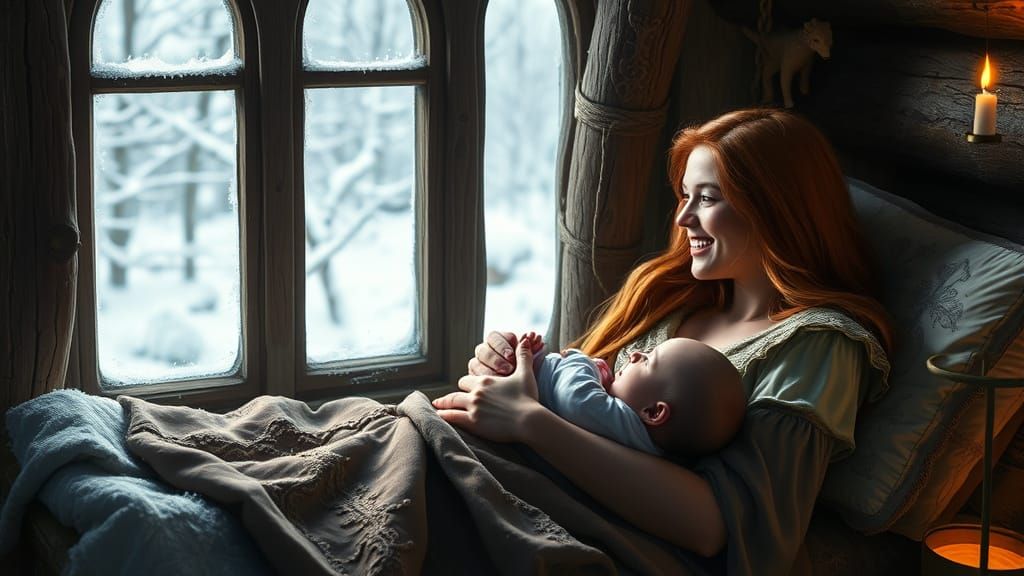 Viking Mother Enchants with Her Sleeping Son in Snowy Cottag...