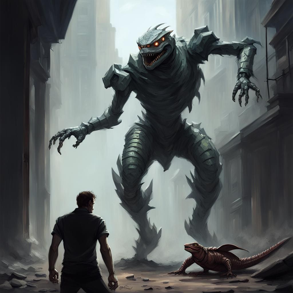 Robot Versus Lizard Monster in Sinister Battle