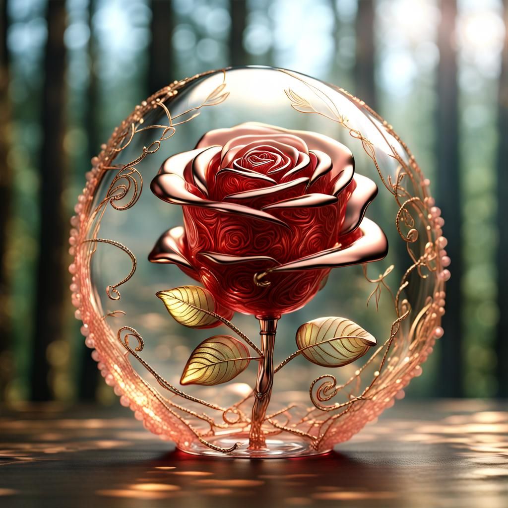 Glass Rose with Golden Runes in Forest