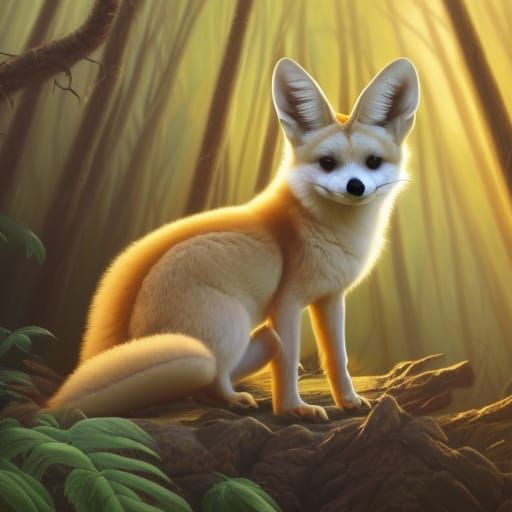 Fennec Fox in Spring Forest, Luminous Oil Painting