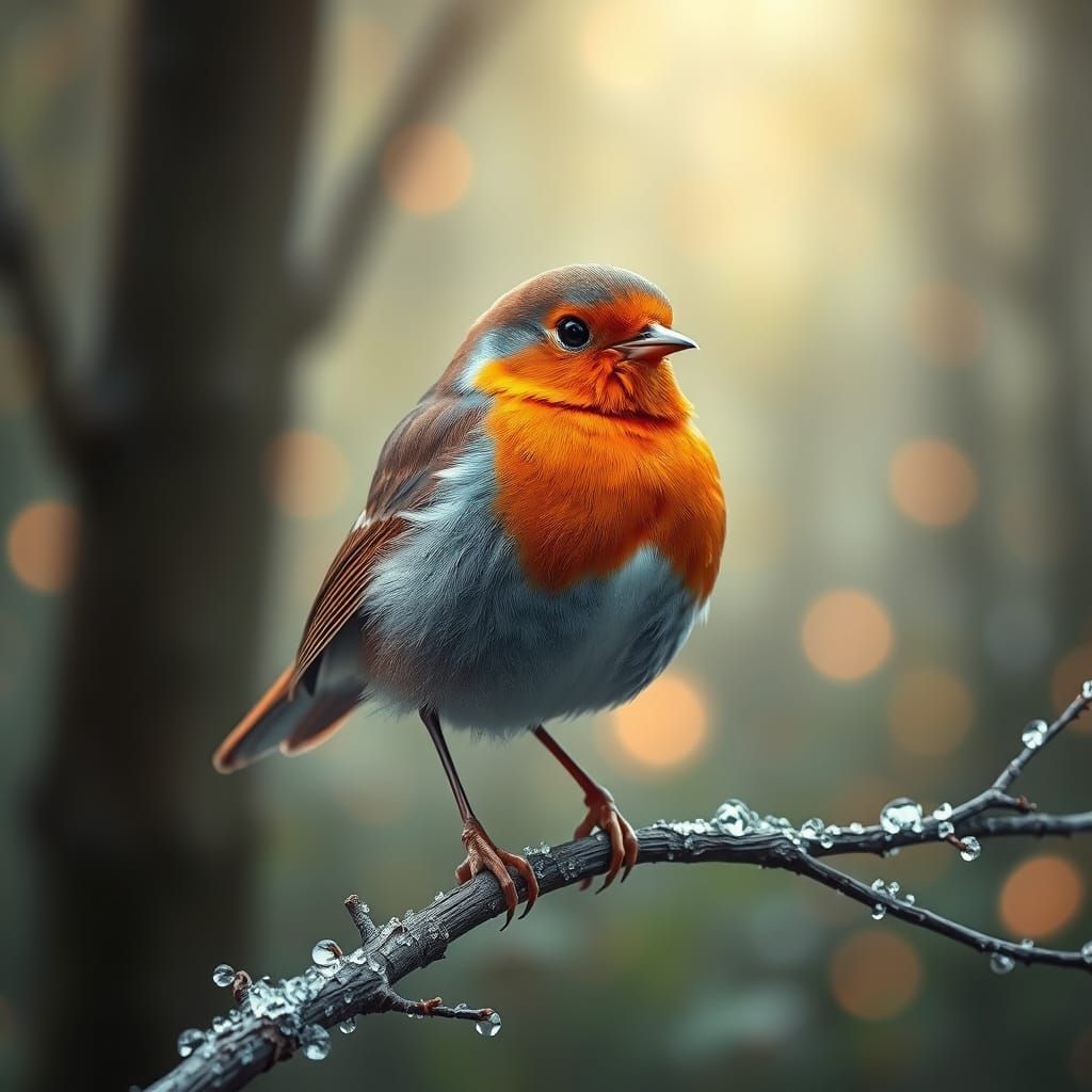 Proud Robin in Bioluminescent Forest, Hyperrealistic Digital...