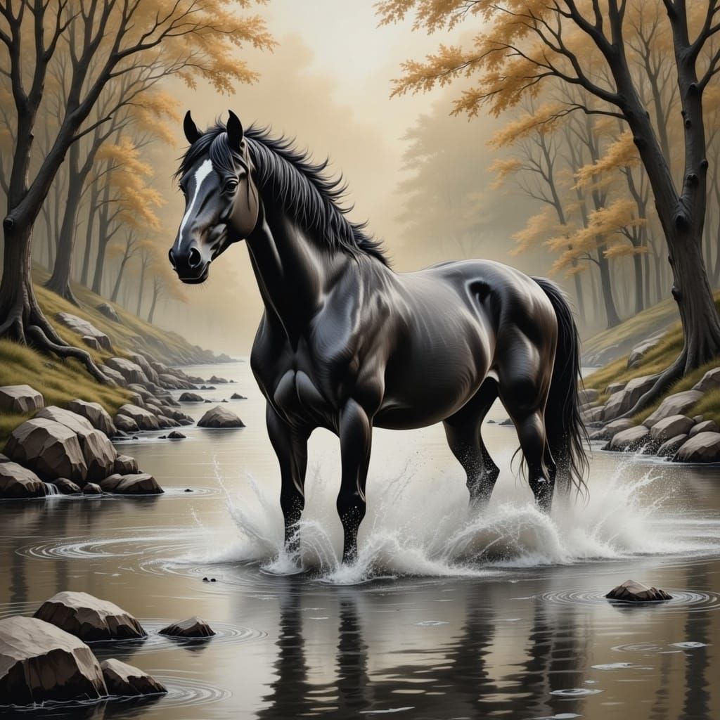Majestic Horse in River, Impasto Painting