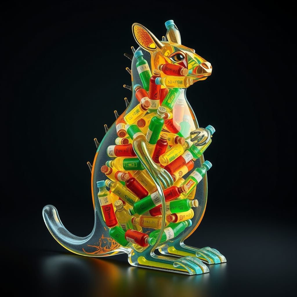 Vibrant Kangaroo Bottle Filled with Tiny Bottles in a Futuri...