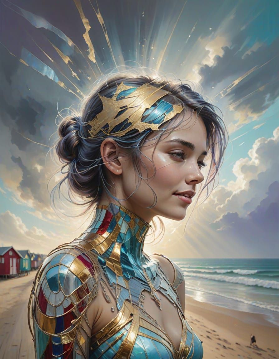 Ethereal Woman by Colorful Beach Huts in Golden Light