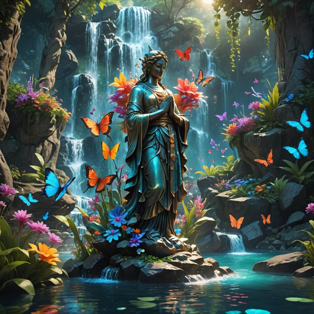 Luminescent Flowers and Sacred Statue, Detailed Matte Painti...
