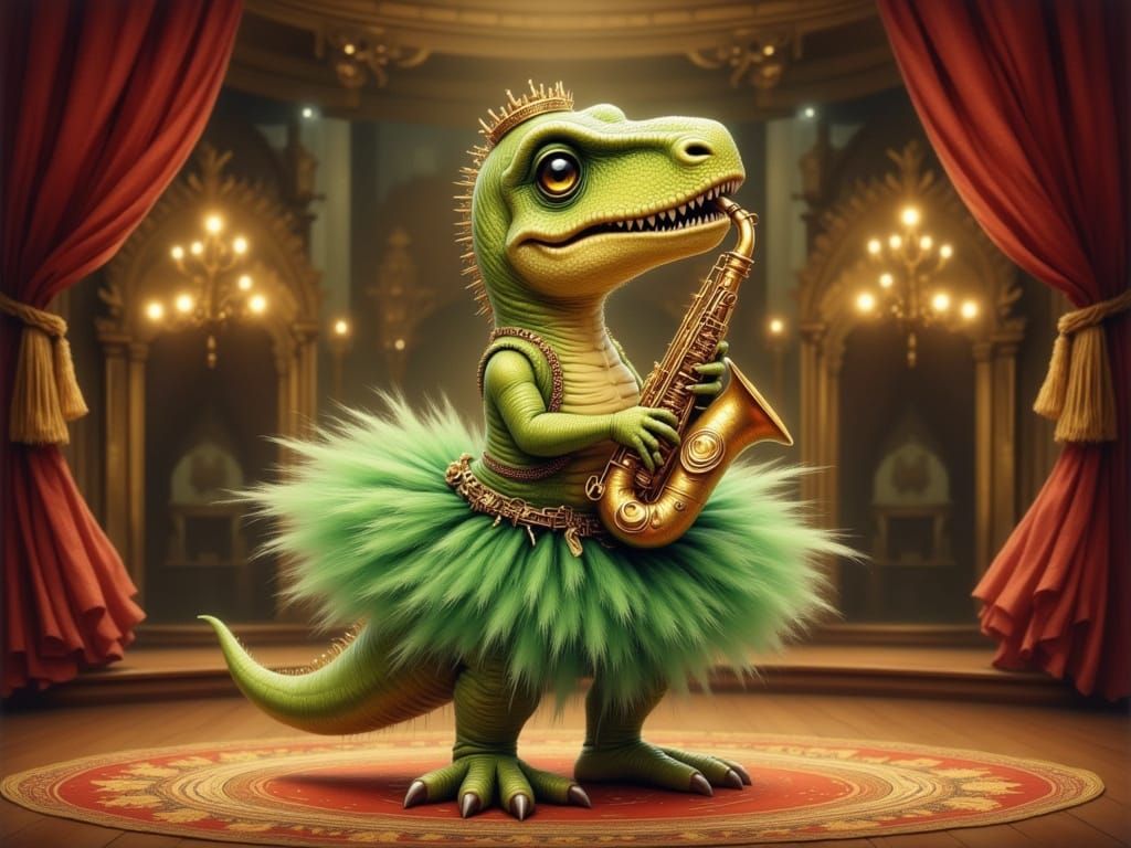 Anthropomorphic T-Rex Saxophonist on Opera Stage