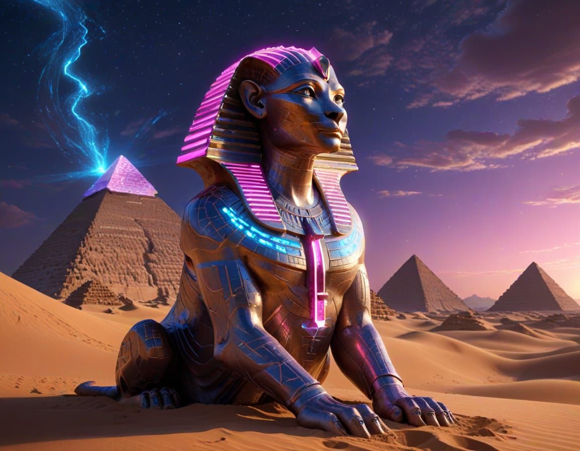 Neon Sphinx Guardian in Cyberpunk Digital Art
