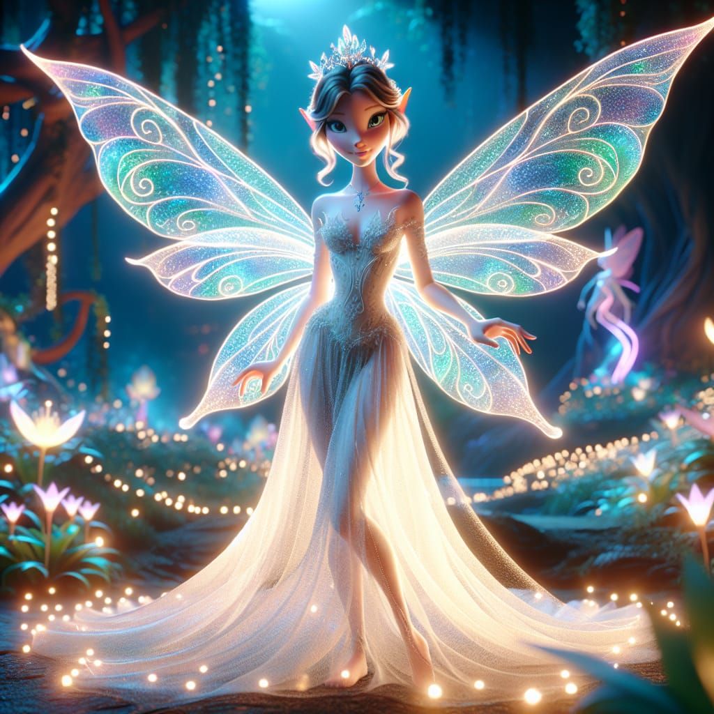 Disney Pixar style 3D beautiful Seelie, with delicate fairy-like features, shimmering wings, and a flowing gown. The See...