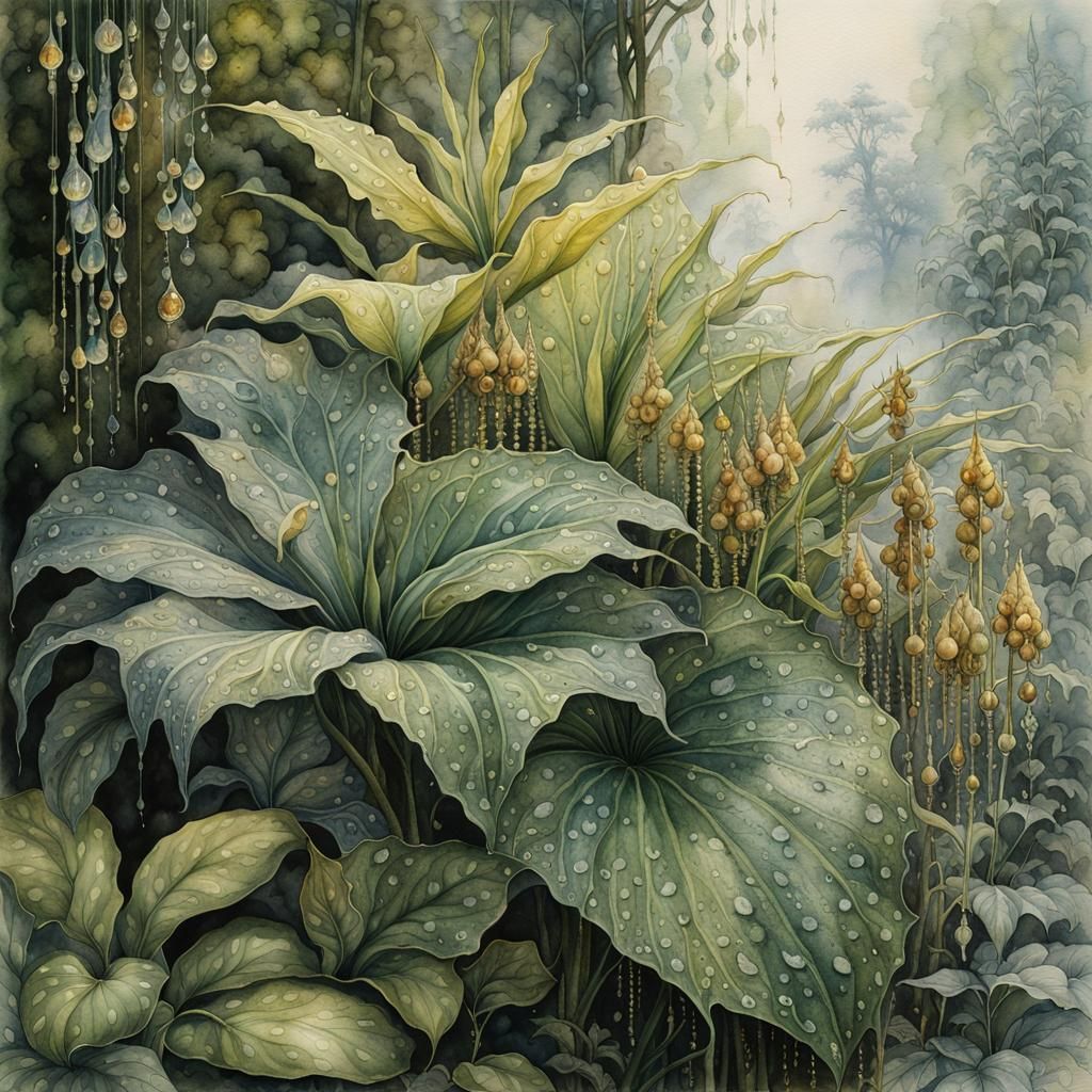 Dewdrops on Exotic Plants, Watercolor Fantasy Art