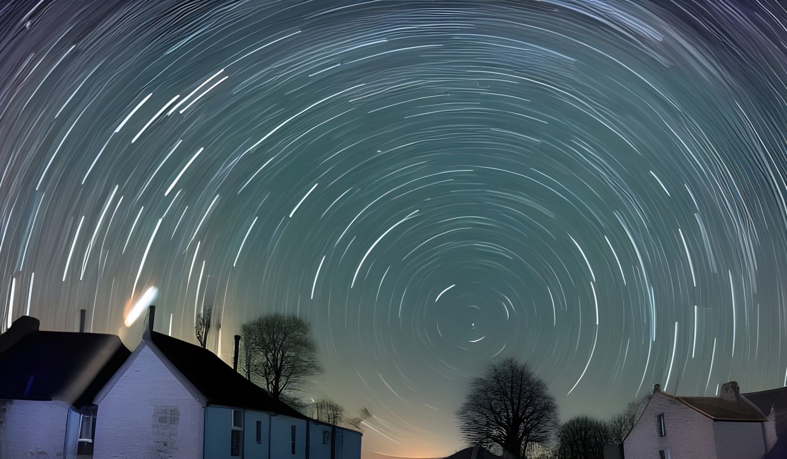 Star Trails Over Village in Abstract Style
