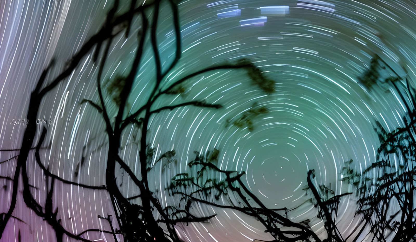 Star Trails Over Surreal Landscape at Night