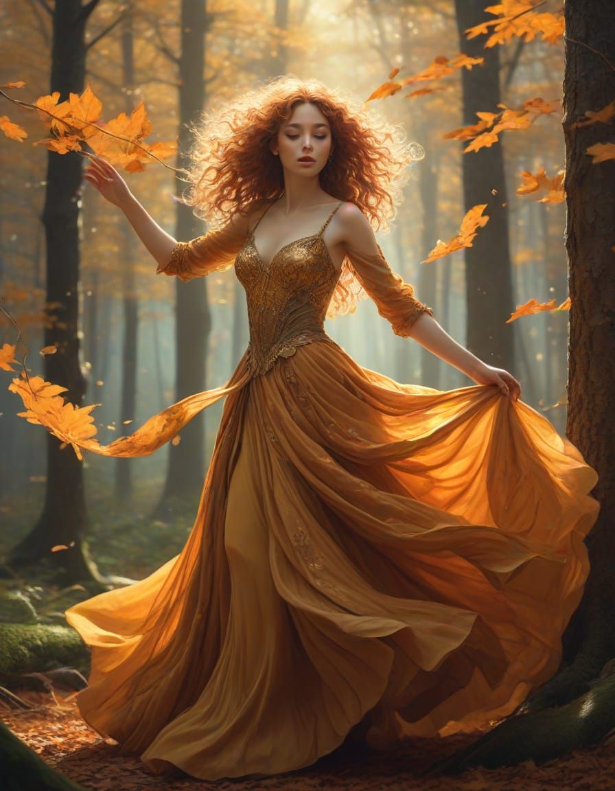Sensual Autumn Goddess Dances in Whirling Leaves