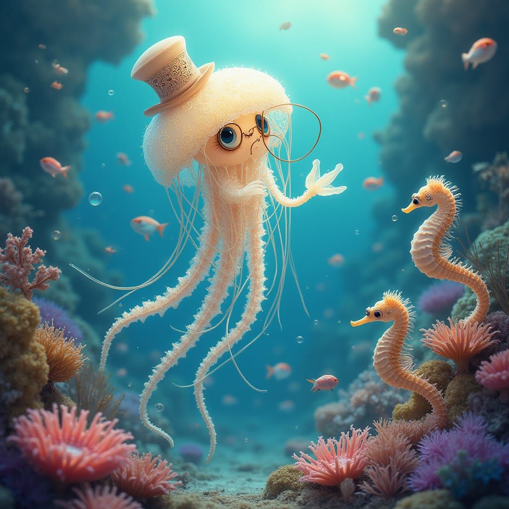 Majestic Jellyfish Conductor in Whimsical Coral Reef Scene