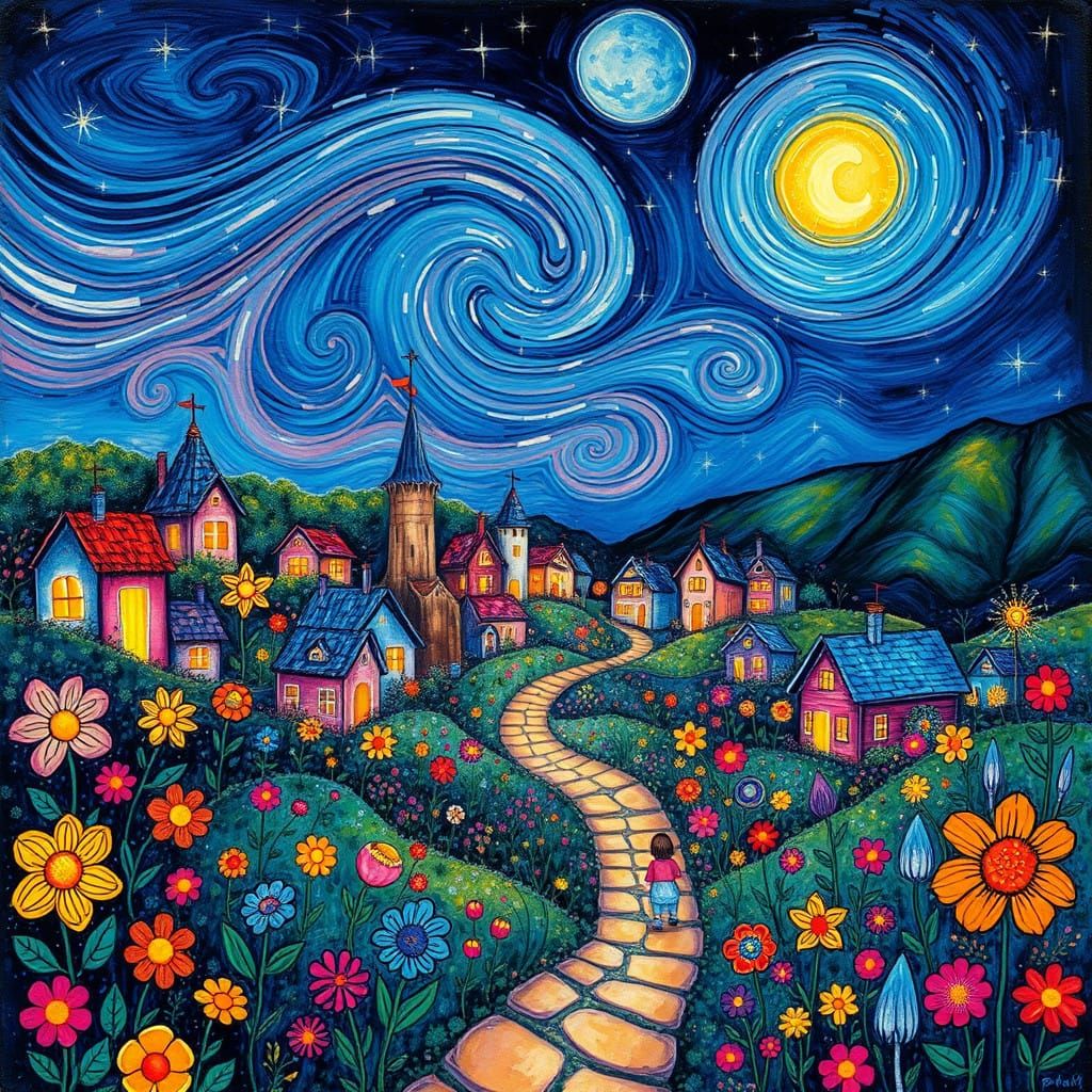 Surreal Bloom City Under Celestial Canvas