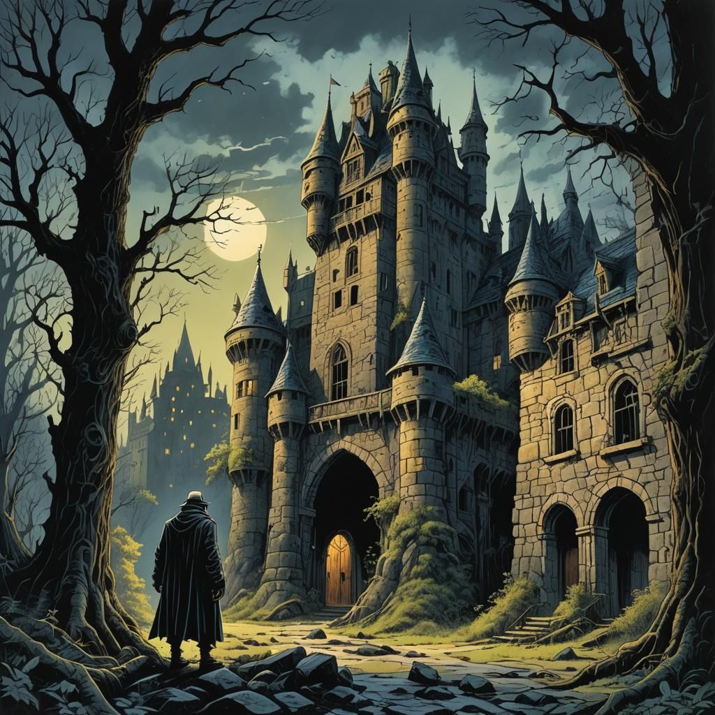 Mysterious Creature in Abandoned Castle, Comic Book Art
