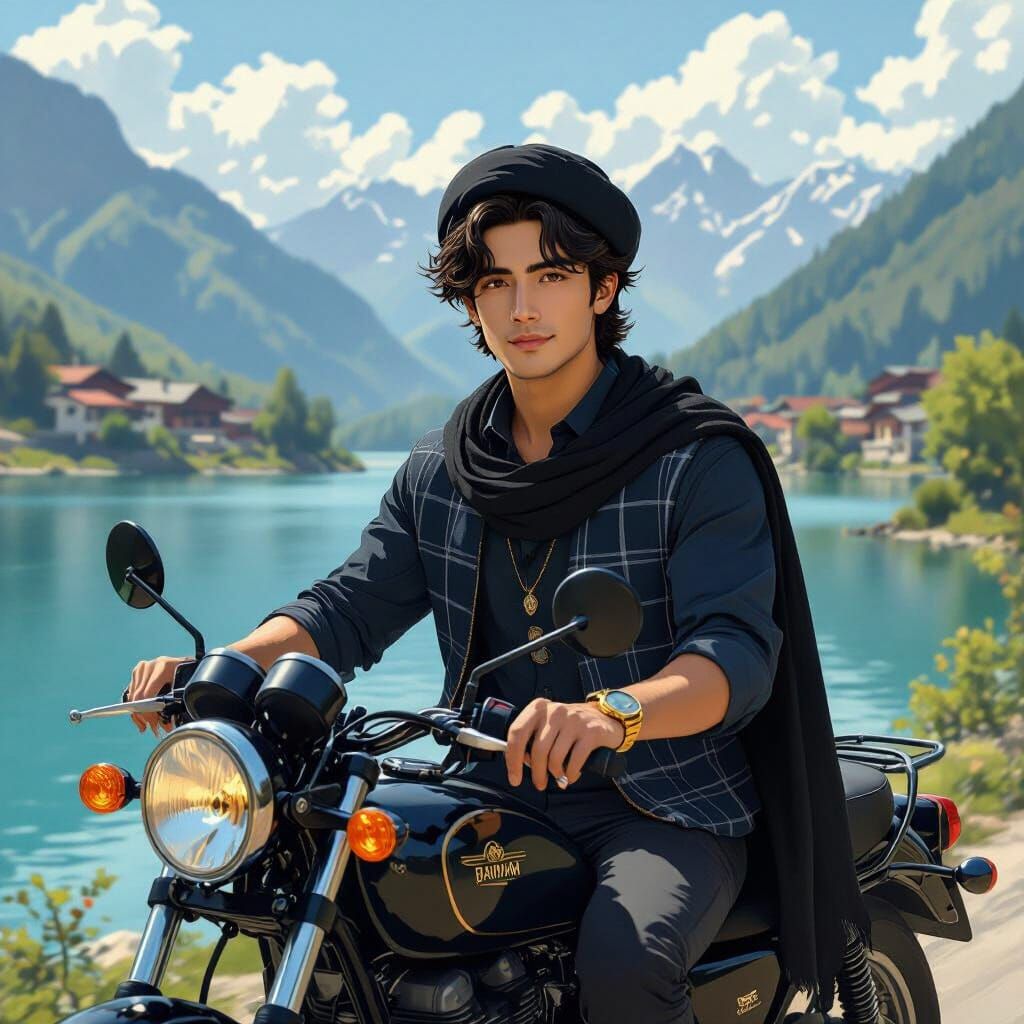 Young Man on Motorcycle by Lake, Concept Art Style