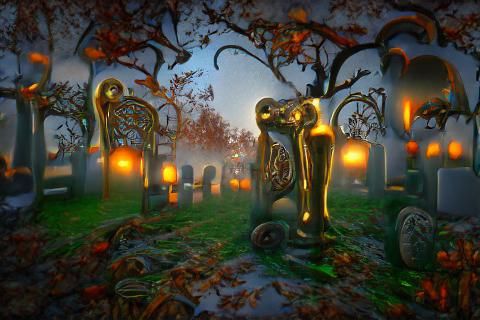 Halloween Graveyard Zombies in Art Nouveau Style