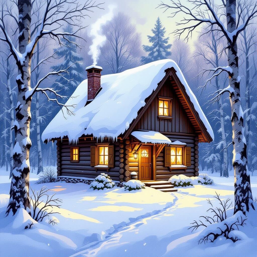 Cozy Snow-Covered Cottage in Fantasy Winter Forest