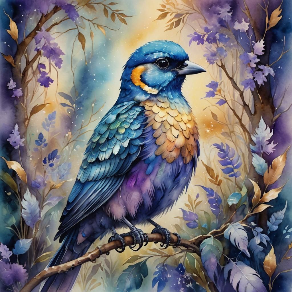 Whimsical Bird Portrait in Watercolor Style