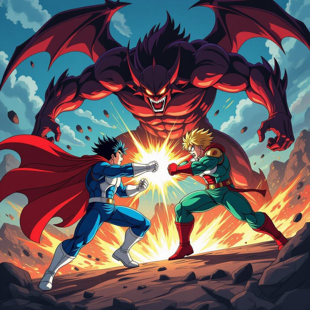 Anime Superhero Battles Demon in Dynamic Comic Style
