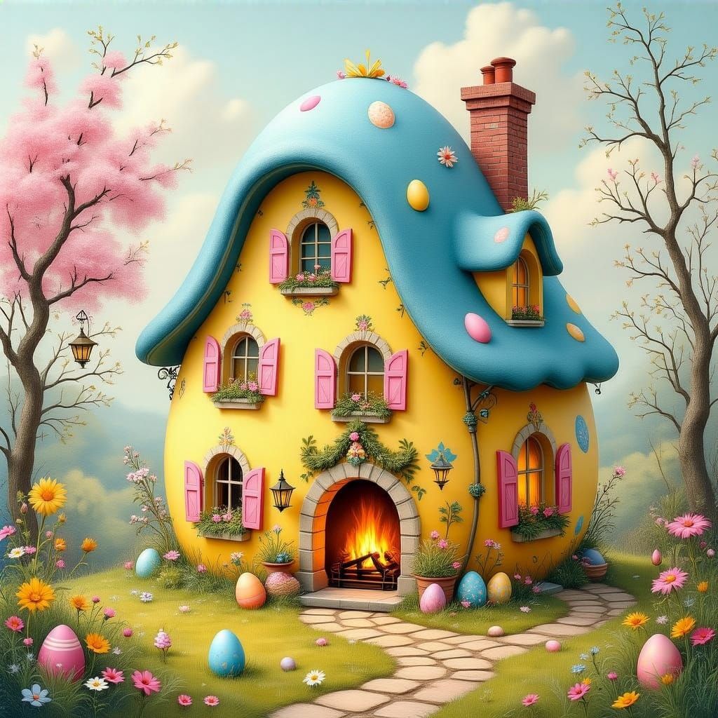 Dreamlike Easter Egg House in Vibrant Colors and Whimsical S...