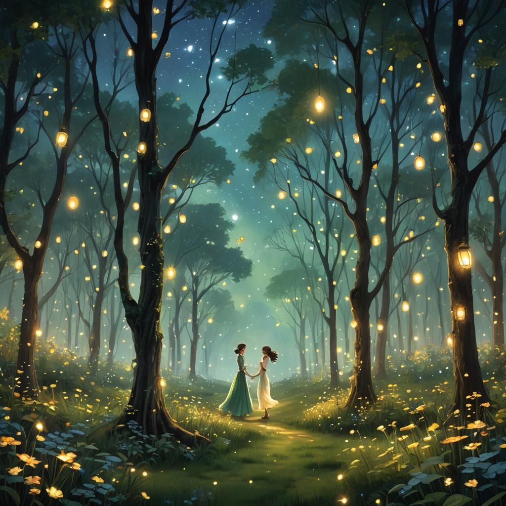 Enchanting Fireflies Illuminate Moonlit Fairy Tale Glade