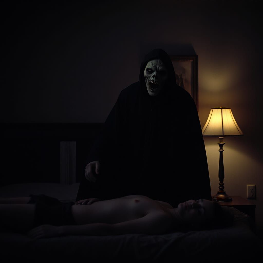 Supernatural Boogeyman Watches Over a Sleeping Human in a Da...
