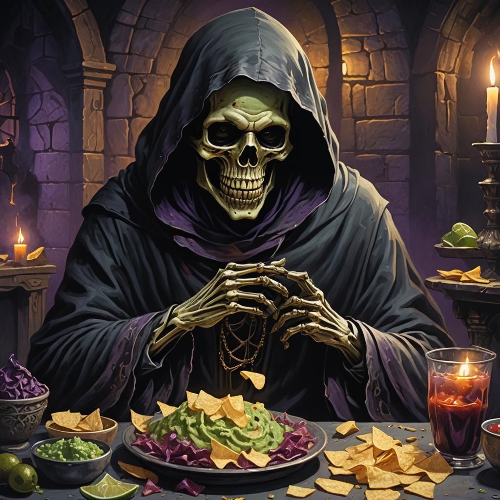 Grim Reaper's Gothic Feast: Chips and Guacamole