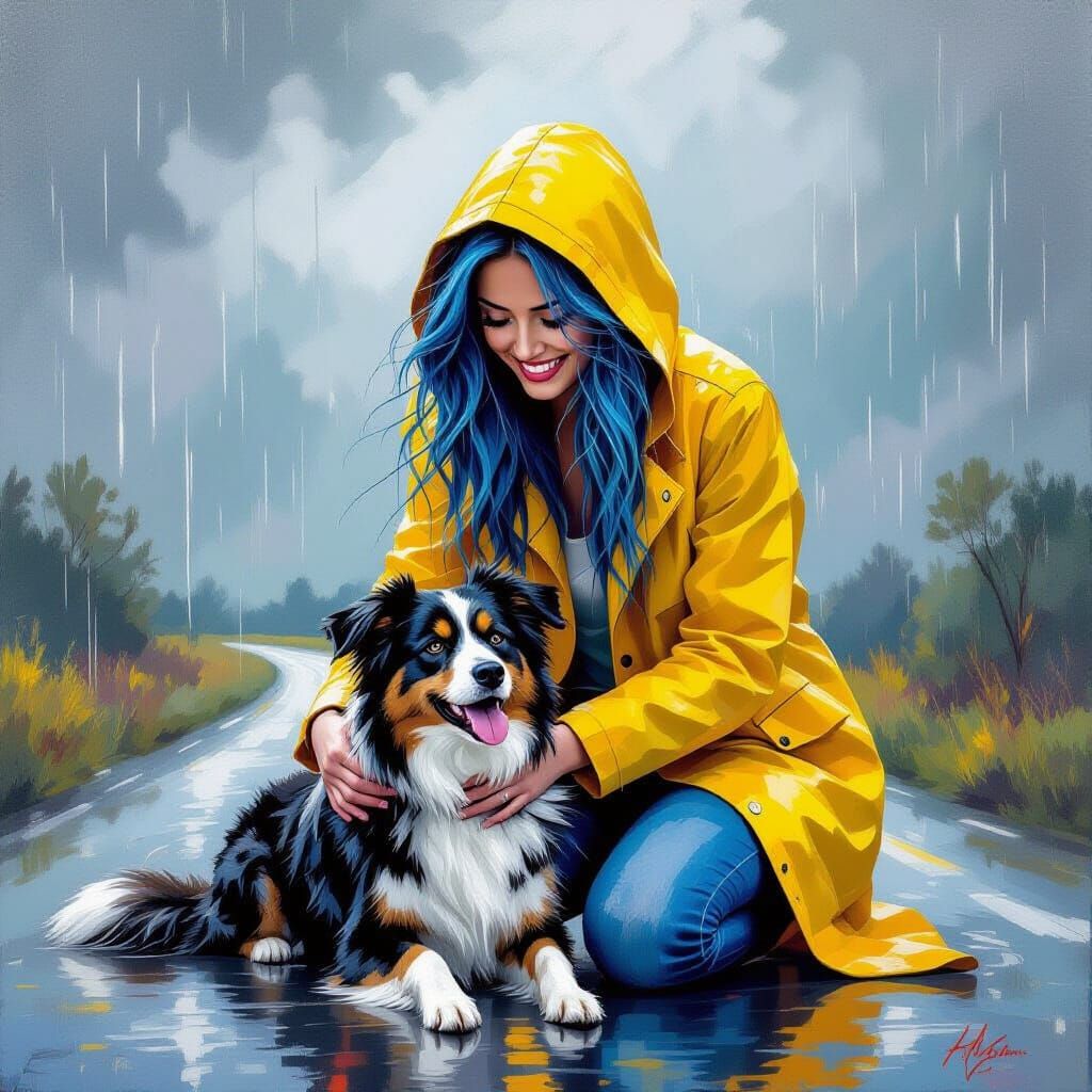 Woman in Yellow Raincoat Plays with Blue-Haired Dog in Sprin...